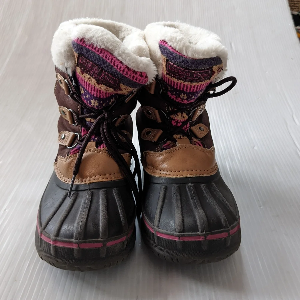 LONDON FOG Tottenham fair isle sweater knit brown suede fur lined lace-up boots